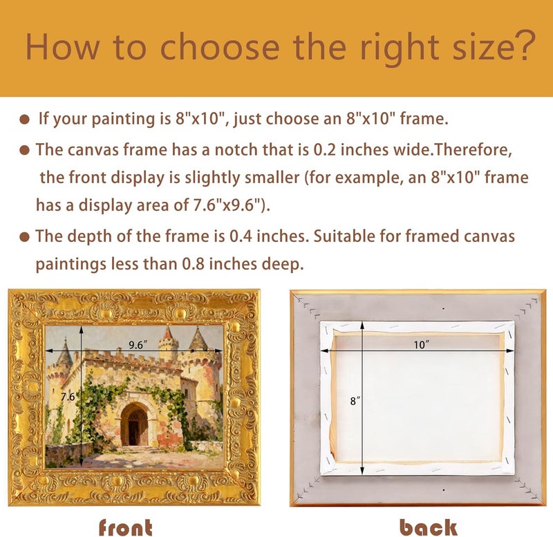 WEITAVAS 8x10 Antique Gold Ornate Canvas Frame, Solid Wood Floater Frame, Baroque Gallery Frames for Oil Paintings & Art Prints, Floating Frames for Canvas Painting (8x10) - Image 3